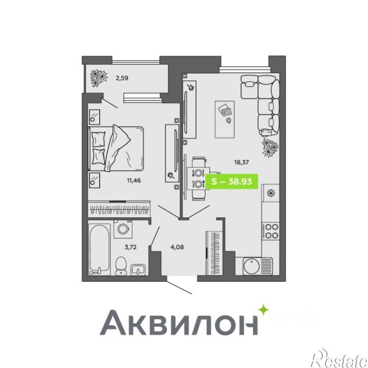 1-комн квартира в новом доме ул Поморская, 68 2,  д. 68 2,  к. 2