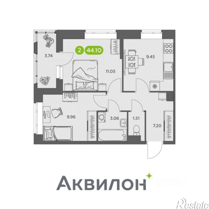 2-комн квартира в новом доме Ленинградский пр-кт, 30 1,  д. 30 1,  к. 1