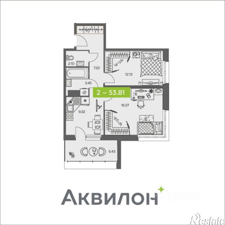 2-комн квартира в новом доме улица Валявкина, 38 к2,  д. 38 к2