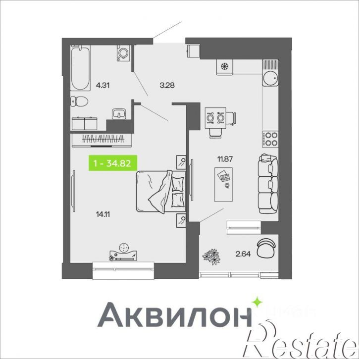 1-комн квартира в новом доме Воскресенская улица, 93 к2,  д. 93 к2